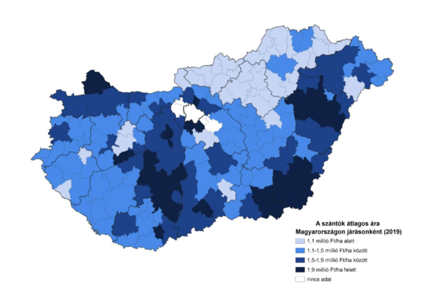 1.térkép. A szántóföldek átlagárai 2019-ben Magyarországon járásonként (Forrás: Takarék Termőföldindex)