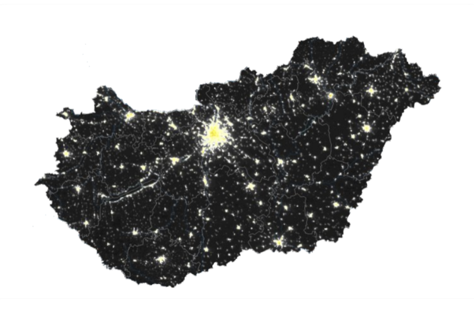 Magyarország területéről készült éjszakai űrfelvételen jól azonosíthatók a mesterséges éjszakai világítással leginkább érintett területek - amelyek egyben a legjelentősebb fényszennyezés-források is. 